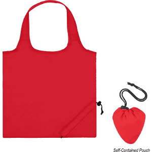 A red nylon foldable bag positioned next to its self-contained pouch, featuring a drawstring closure.