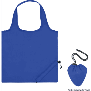 A blue nylon foldable bag with a self-contained pouch for storage, featuring a simple design and two handles.