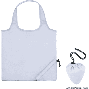 A foldable nylon bag in white, alongside its self-contained pouch for easy storage.
