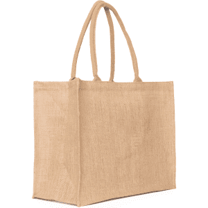 A light brown laminated jute supermarket bag with two handles and a simple, unbranded design.