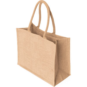 A laminated jute supermarket bag in a natural beige colour with two sturdy handles. It has a simple design and features a logo.