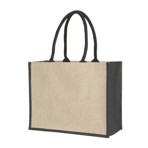 A jute supermarket bag with a natural colour, featuring black handles and gussets, and includes a logo.