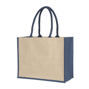 A jute supermarket bag in natural beige with navy blue handles and gussets, featuring a logo.