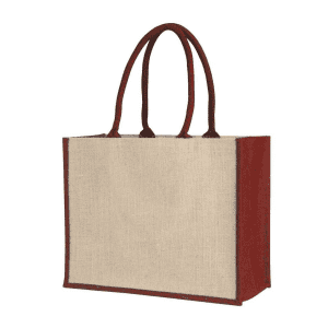 A jute supermarket bag with red handles and gussets, featuring a natural coloured body and a simple design.