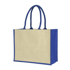 A jute supermarket bag with blue handles and gussets, featuring an unprinted natural exterior and a branding logo.