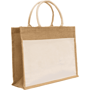 A jute beach bag in natural brown with cotton handles and a front pocket, featuring a simple design.