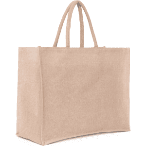 A natural beige Juco bag with two handles and a sturdy rectangular shape. Features a logo on one side.