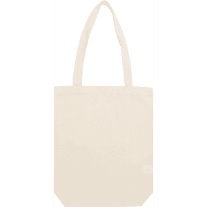 A natural-coloured hemp tote bag with a gusset and two shoulder straps. It features a logo.