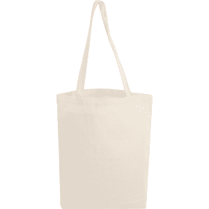A natural-coloured hemp tote bag with a gusset and long handles, featuring a branding logo.