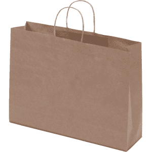 A brown kraft paper bag with twisted paper handles, featuring a simple landscape design.