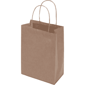 A small brown kraft paper bag with twisted paper handles, featuring a simple and classic design.