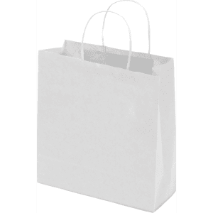 A medium white kraft paper bag with twisted paper handles, featuring a simple design and no visible branding.