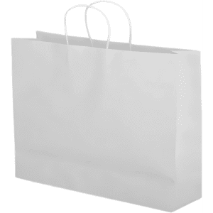 A white kraft paper bag with twisted paper handles, featuring a simple design and no visible branding.