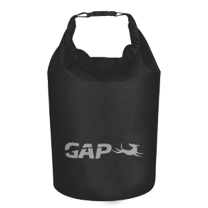 A black waterproof dry bag with a logo, featuring a roll-top closure and a sturdy handle.