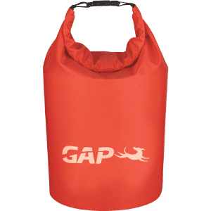 A waterproof dry bag in vibrant red with a handle and a logo on the front.