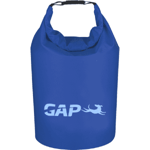 A blue waterproof dry bag with a gathered top and carrying handle, featuring a logo on the front.
