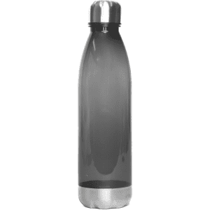 A drink bottle in grey plastic with a stainless steel base and cap, featuring a logo.