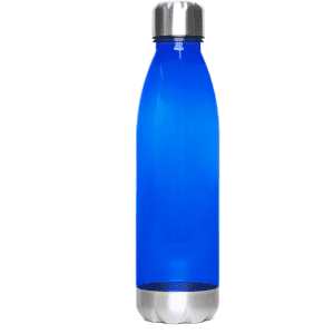 A drink bottle featuring a vibrant blue body with a stainless steel base and cap, alongside a logo.