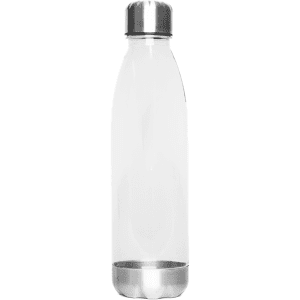 A drink bottle featuring a clear body with a stainless steel base and cap. It has a sleek, modern design.
