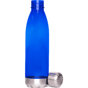 A drink bottle in vibrant blue with a stainless steel base and cap, featuring a logo.