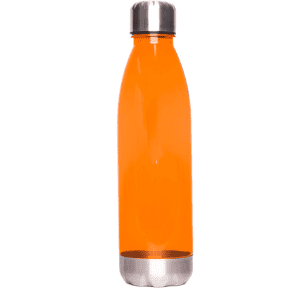 A drink bottle in vibrant orange with a stainless steel base and cap, featuring branding.