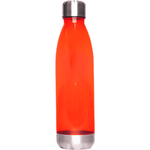 A drink bottle in bright red with a stainless steel base and cap, featuring a logo.