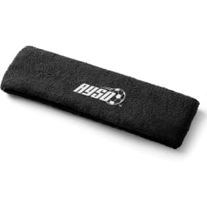 A black plush terry sport headband featuring a logo, designed for comfort and style during activities.
