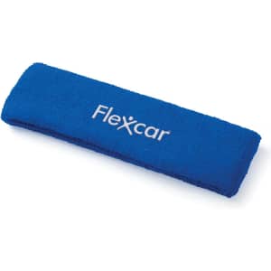 A blue plush terry sport headband with a logo. Soft texture, designed for headwear.