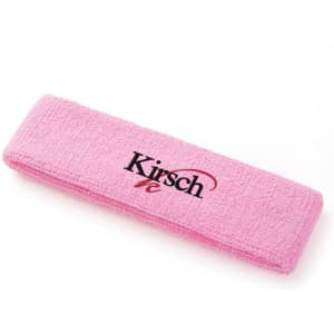 A pink plush terry sport headband featuring a logo, made from soft fabric for comfort.