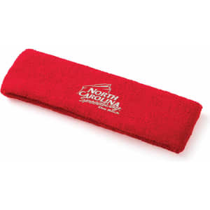 A red plush terry sport headband with a branded logo, designed for headwear use.
