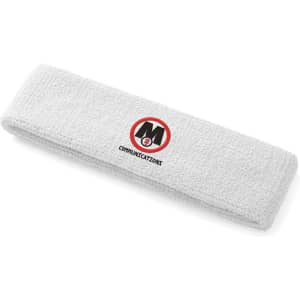 A white plush terry sport headband with a circular logo design.