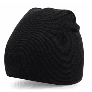 Acrylic beanie hat in black, featuring a ribbed texture and a logo on the side.