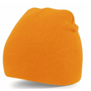 An orange acrylic beanie hat with a ribbed texture, featuring a small logo on the side.