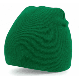 A green acrylic beanie hat with a ribbed texture and a rounded top. It features a logo.