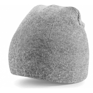 Acrylic beanie hat in a soft grey colour, featuring a simple, snug design and a small branding logo.
