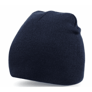 Acrylic beanie hat in navy, featuring a snug design and ribbed texture. Includes a logo.