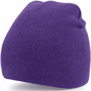 A purple acrylic beanie hat with a ribbed texture and a small logo.