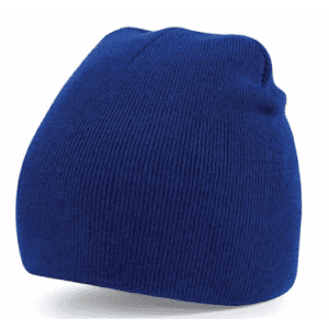 Acrylic beanie hat in bright blue, featuring a snug fit and ribbed texture. Includes a branding logo.