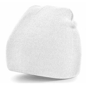 A white acrylic beanie hat with a ribbed texture and a logo.