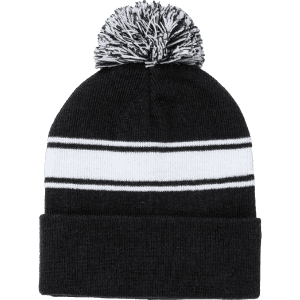 A black beanie hat with a white stripe pattern and a striped pom pom on top, featuring a logo.