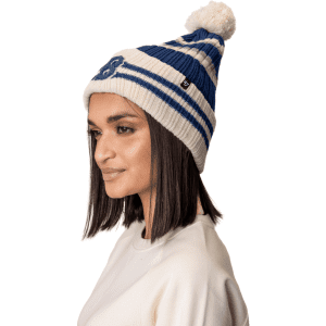 A striped blue and cream Pom Pom Beanie Hat with a fluffy pom pom on top and a small logo.