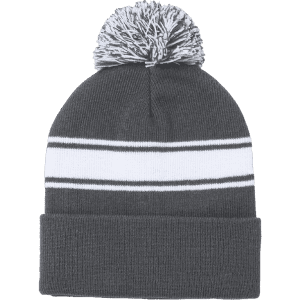 A grey beanie hat with a white striped design and a fluffy pom pom on top. It features a logo on the front.