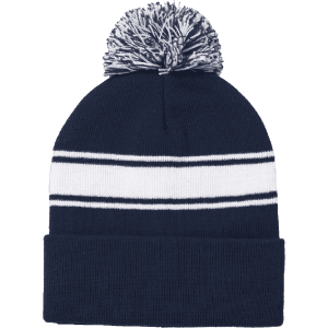 A navy beanie hat with a pom pom and white stripes, featuring a logo on the side.