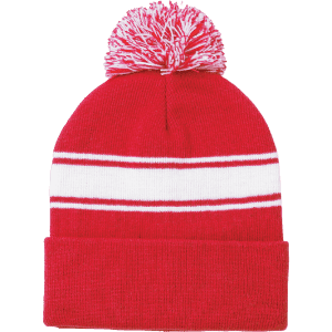A red beanie hat with a white stripe and a pom pom on top, featuring a logo.