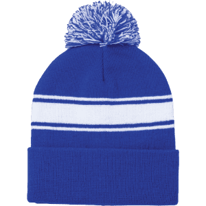 A blue beanie hat with a white stripe and a pom pom on top, featuring a logo.