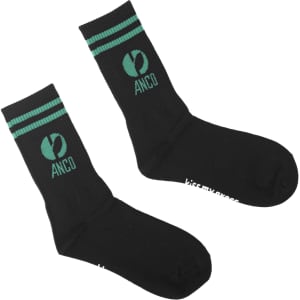 Black crew socks with green stripes and a logo on the side. Suitable for casual and sportswear.