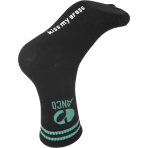 Black crew socks featuring teal stripes and a logo, with the phrase "kiss my grass" on the side.