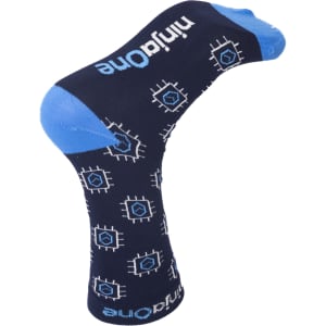 Crew Jacquard Socks in navy with blue accents and a patterned design. Features a logo on the side.