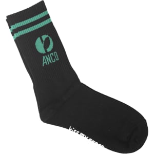 Black crew socks featuring green stripes and a logo.