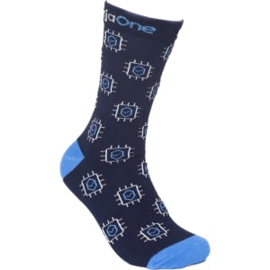 A pair of navy blue socks featuring a geometric pattern in light blue, with a logo near the top.